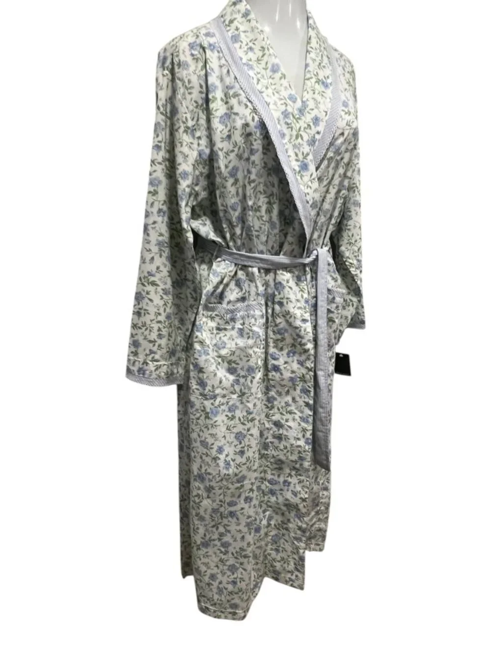 Laura Ashley Floral Cotton Midi Length Robe, NWT, White Blue, L
